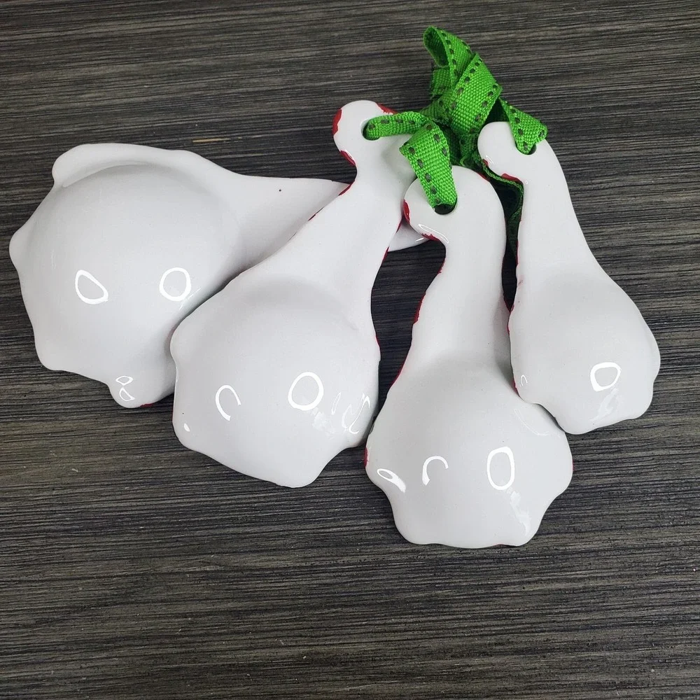 Ceramic Christmas Santa Gnome Measuring‎ Spoon Set Of 4 - Striped Caps, Ribbons